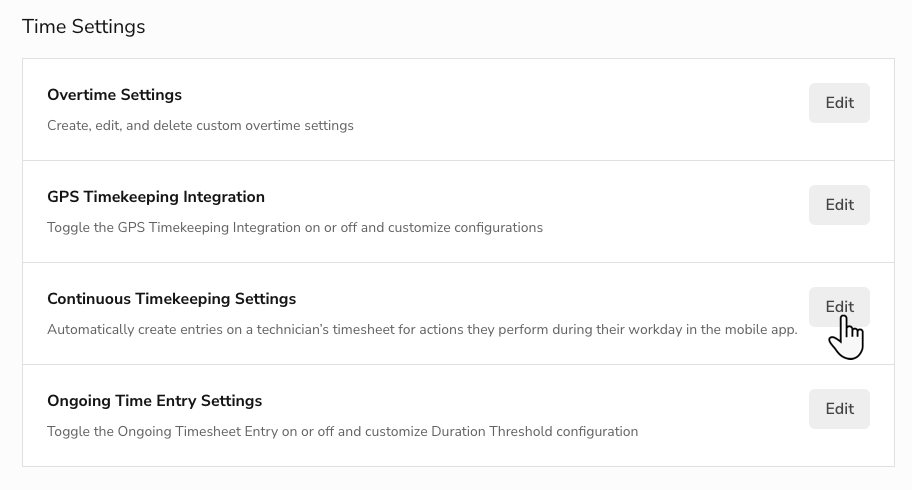 A cursor selecting Edit next to Continuous Timekeeping Settings in ...