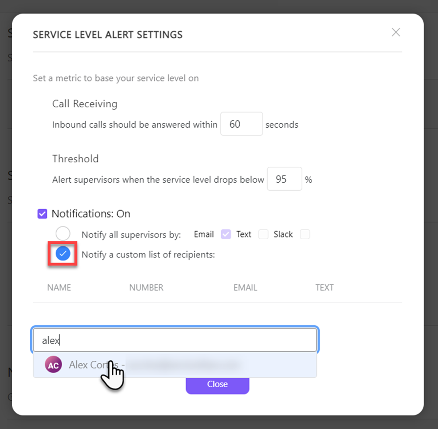Notify a custom list of recipients on Service Level metrics