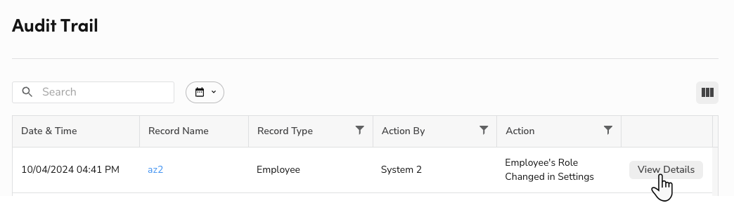 Cursor clicking View Details on the Audit Trail screen