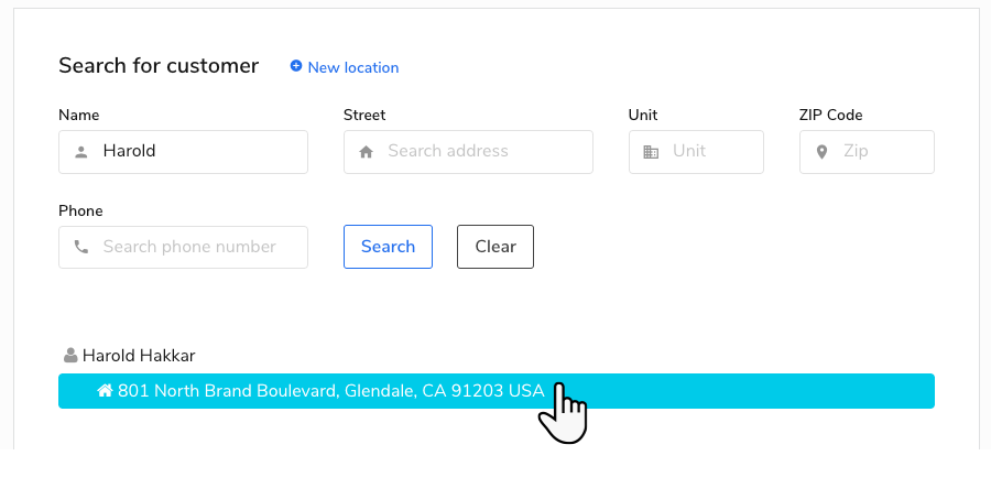 A cursor selecting a customer address on the ServiceTitan Call Booking screen.