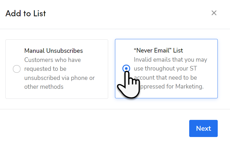 Select Never Email list to send invalid emails to suppression list