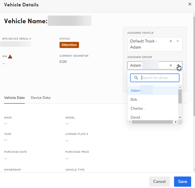 A cursor selecting a driver from the Assigned Driver dropdown.