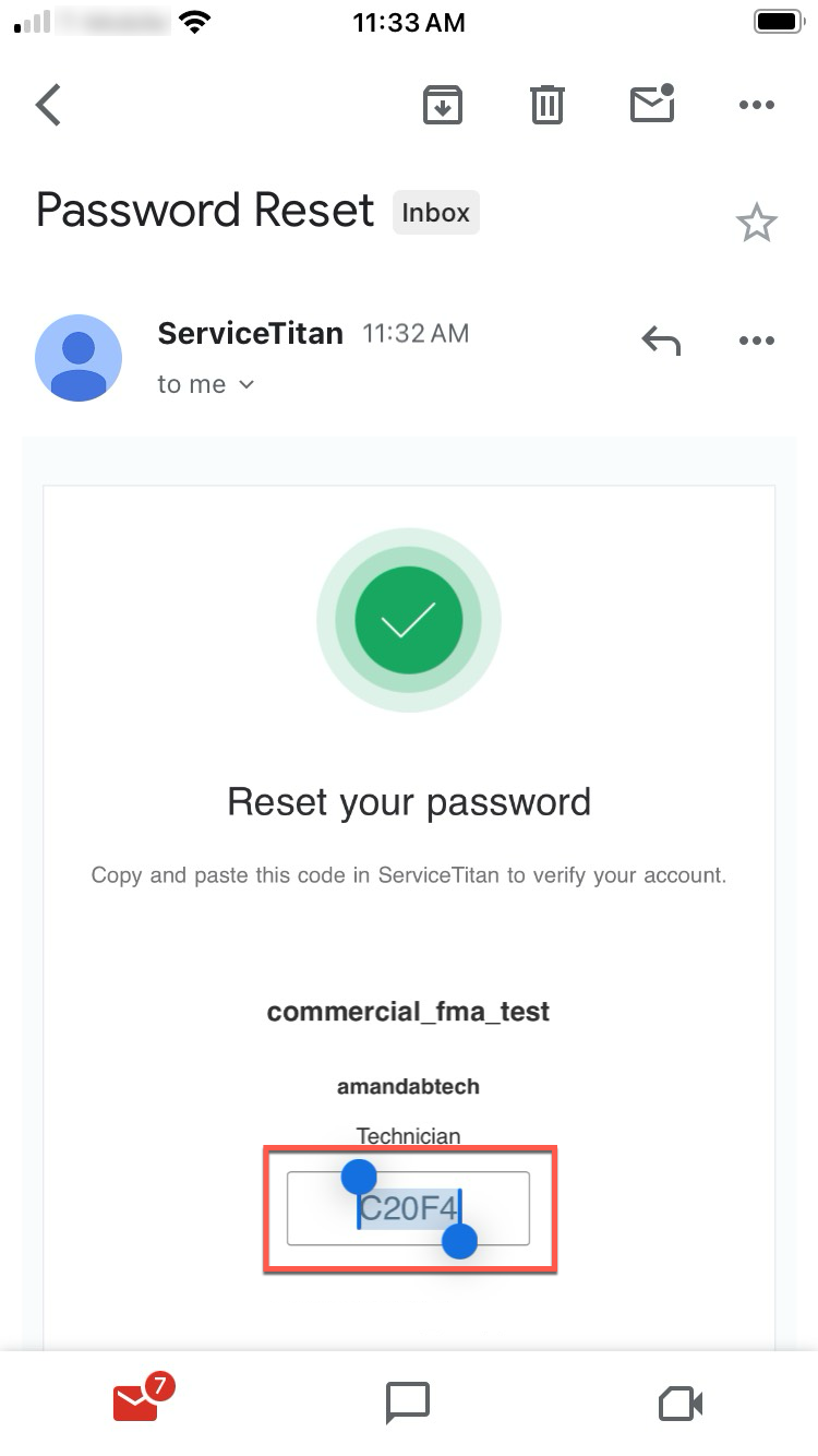 The ServiceTitan Field Mobile App Password Reset email.