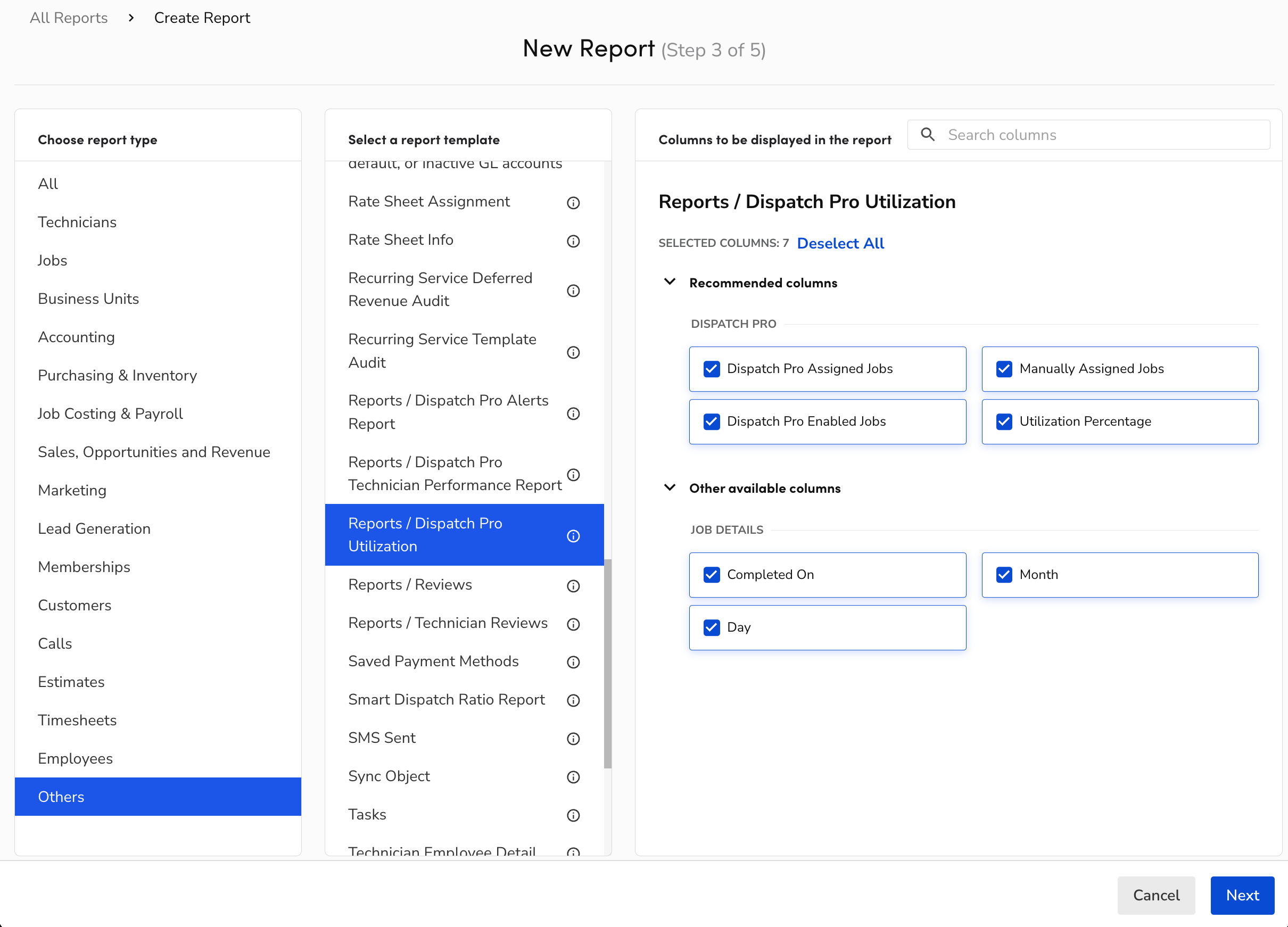 The ServiceTitan Create Report screen for the Dispatch Pro Utilization ...