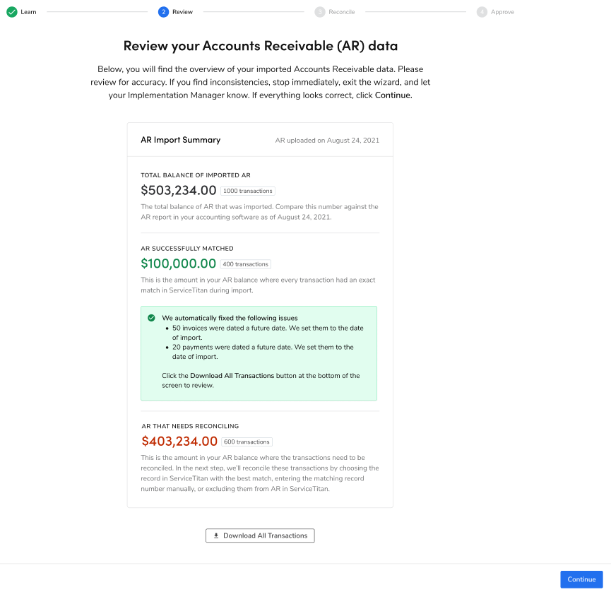 The Review step of the AR reconciliation process shows you the AR ...