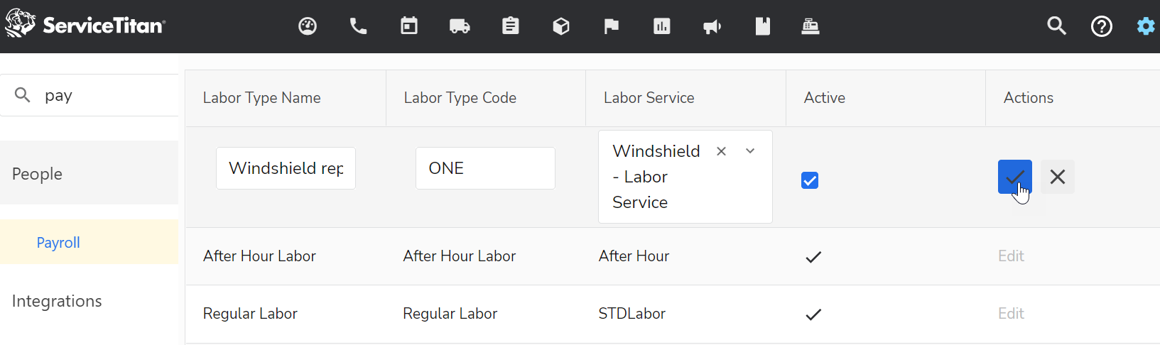 A cursor selecting the blue checkmark icon for a labor type in ServiceTitan.