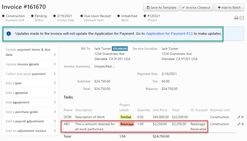 Bill For Retainage Based On Application For Payment