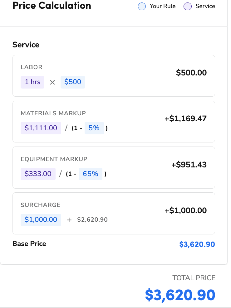 Viewing dynamic pricing calculation for services