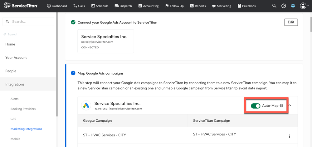 The ServiceTitan Google Ads Integration setup screen. Auto-Map is ...