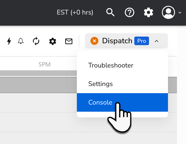 A cursor clicking Console from the Dispatch Pro dropdown on the ...