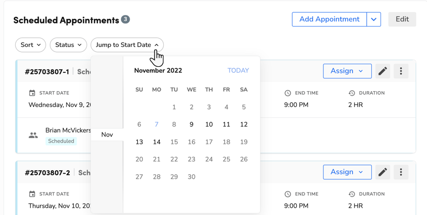 A cursor selecting the Jump to Start Date dropdown menu in the Scheduled Appointments section of a ServiceTitan job record.