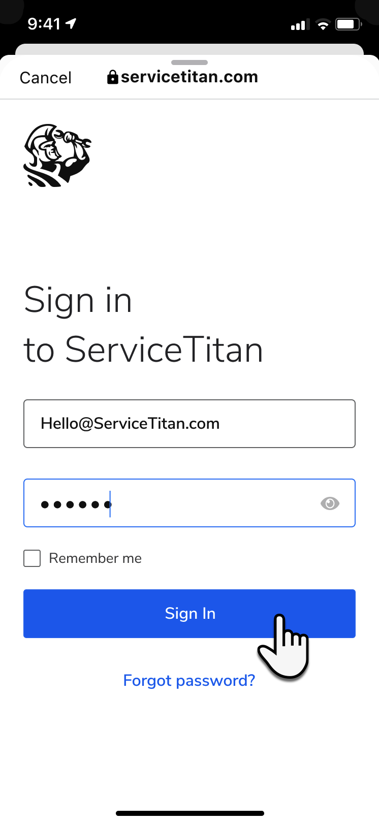 A cursor selecting Sign In for the ServiceTitan Field Mobile App on Android.