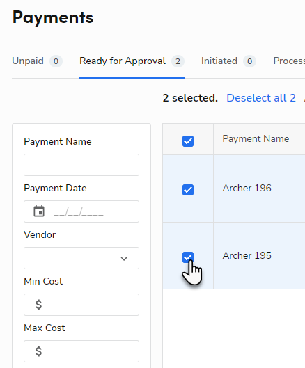 Selecting the payments to download to XLSX