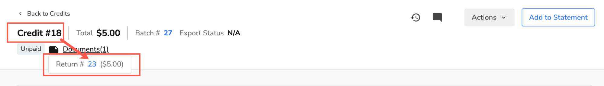Cursor clicking the attached document to see the return number.