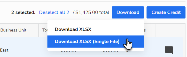 Cursor selecting an option from the Download XLSX dropdown