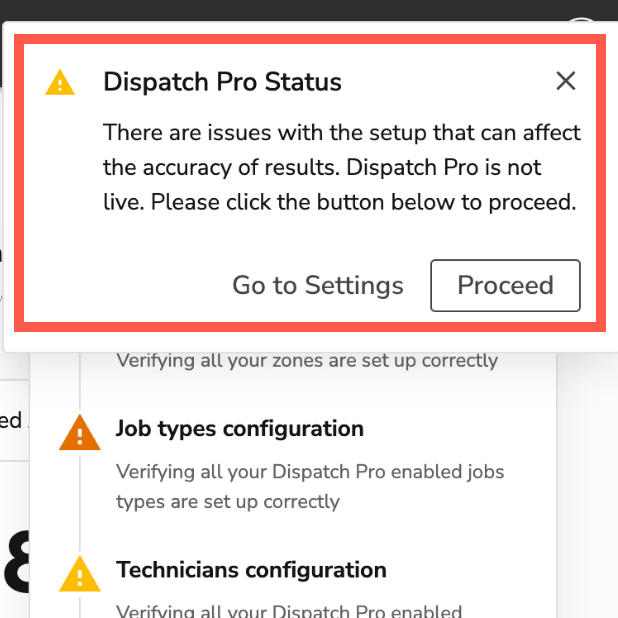 The ServiceTitan Dispatch Pro Status message pop-up.