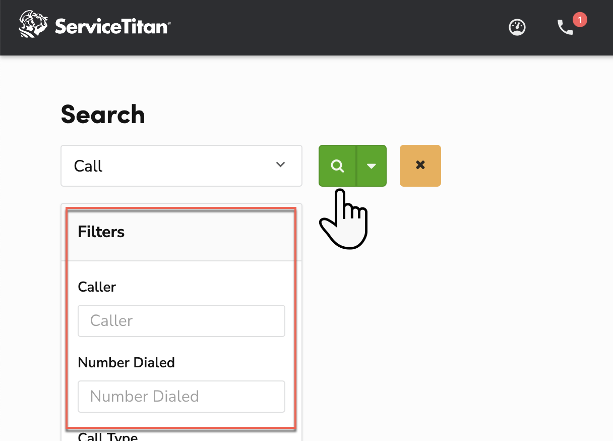 The ServiceTitan Search screen. The filters section is highlighted and a cursor is selecting the green Search button.