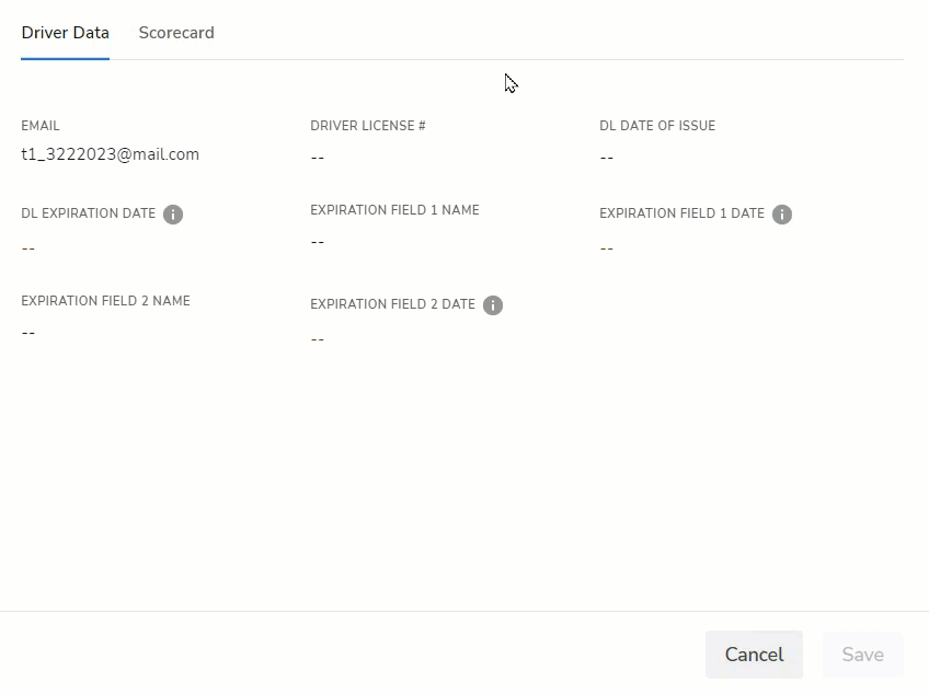 Short clip of manually adding driver's license in the Driver Data page