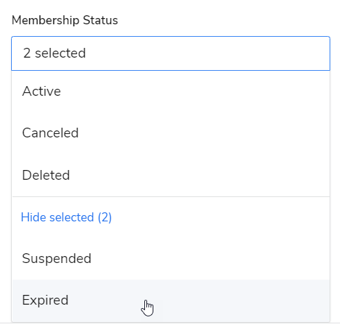 The Membership Status filter, an additional filter available for scheduling reports, with two options removed from the filter.