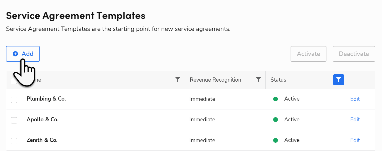 A cursor selecting the Add button to create a new Service Agreement ...