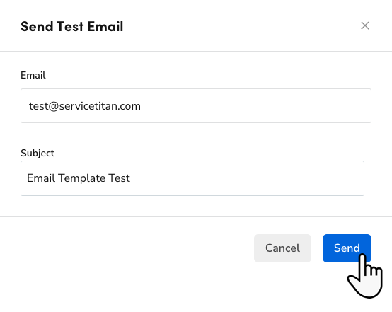 Cursor hovers over the Send button on the Send Test Email pop-up.