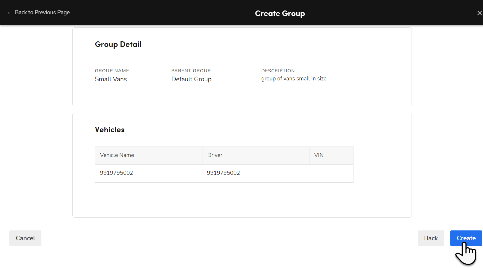 Cursor on Create button in Create Group page for Fleet Pro