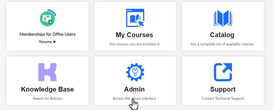 The Academy dashboard with a cursor selecting Admin
