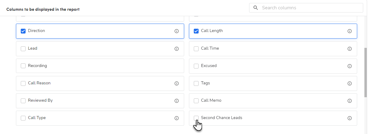 Screenshot of the columns available when creating a custom report based on the Calls dataset with a finger pointing at the Second Chance Leads column