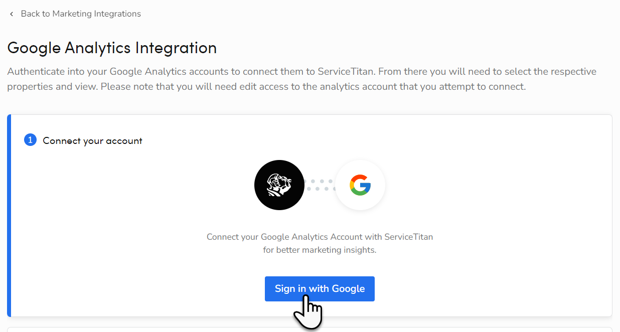 Google Data Sign In On Google Analytics Integration screen click Sign in with Google button ...