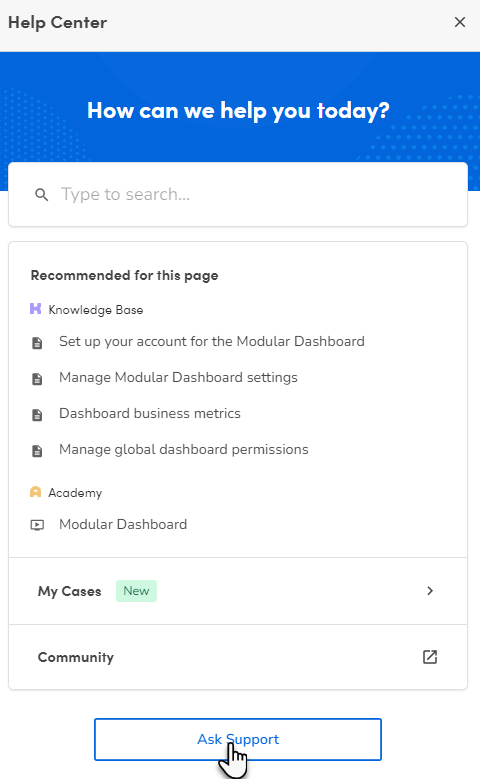 A cursor selects Ask Support in the Help Center menu.