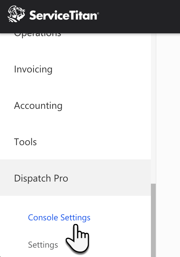 A cursor clicking Dispatch Pro Console Settings in ServiceTitan Settings.