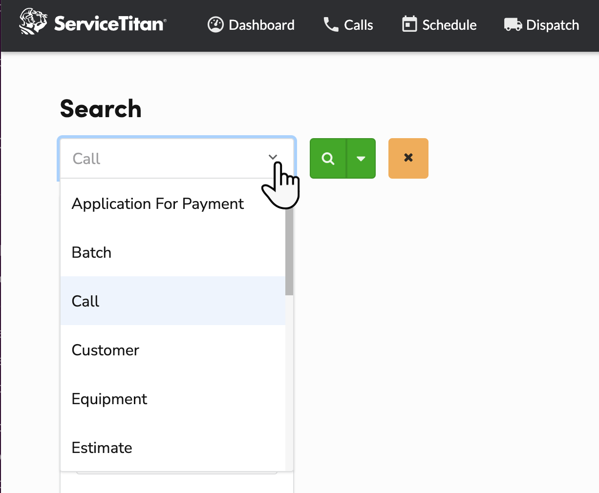 A cursor selecting the Search dropdown menu from the ServiceTitan Search screen.