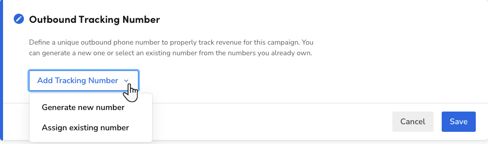 A cursor selecting the Add Tracking Number drop-down menu to show the ...