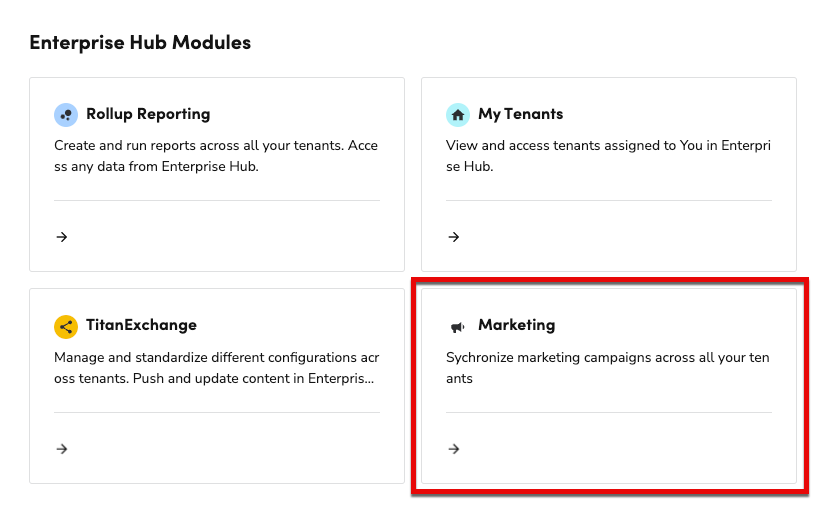 Marketing module highlighted in the Enterprise Hub Modules