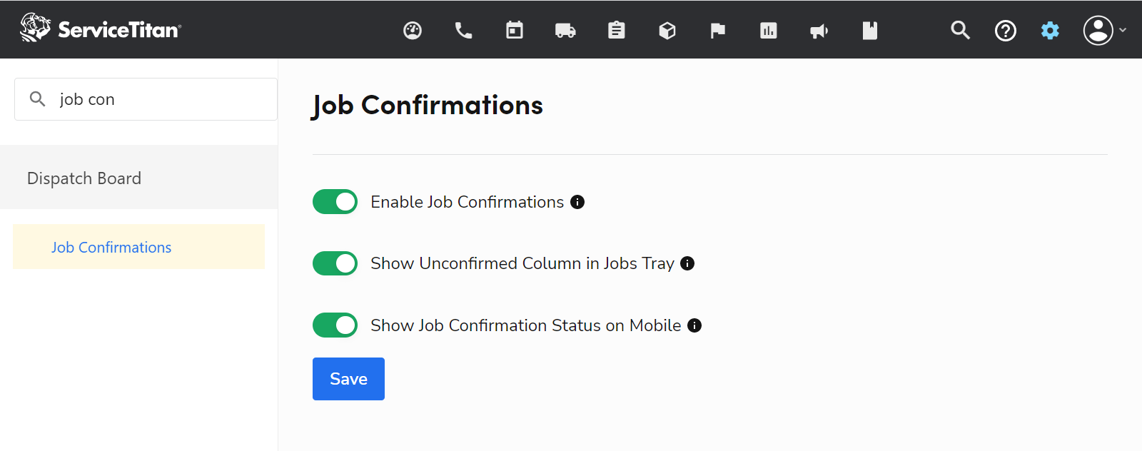 The Job Confirmations screen in ServiceTitan Settings.
