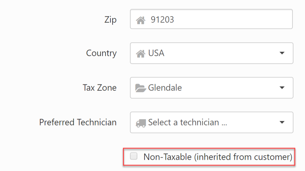 The Non-Taxable (inherited from customer) section on the Edit Location screen in ServiceTitan.