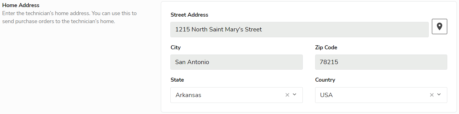 Screenshot of Home address information section on Technician Profile