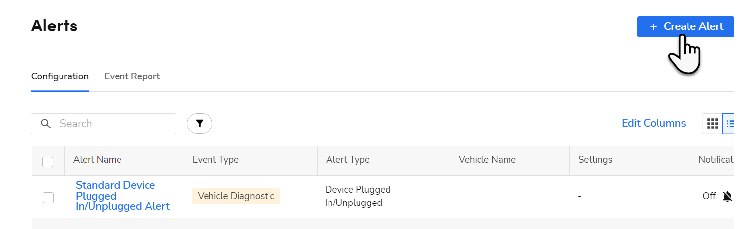 Cursor on Create Alert button in Alert page
