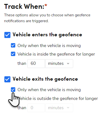 Cursor on option for geofence triggers in Create Geofence page