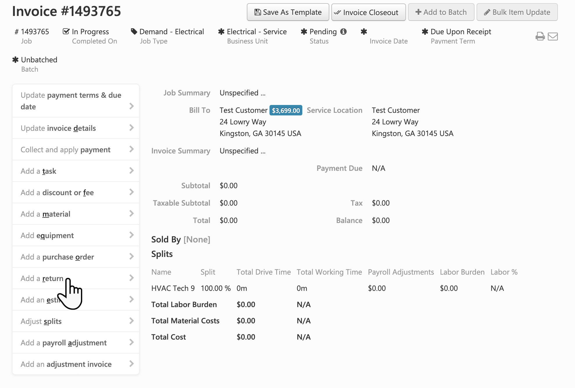 Cursor Pro Invoice Cursor clicking Add a return on the invoice record screen.
