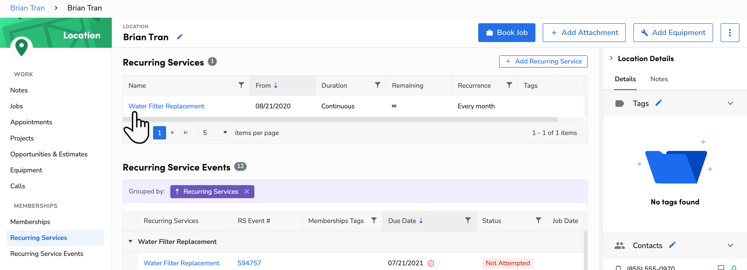 A cursor selecting a recurring service from the Recurring Services ...