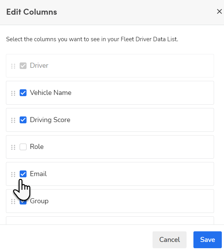 Cursor on a column option in Edit Columns page