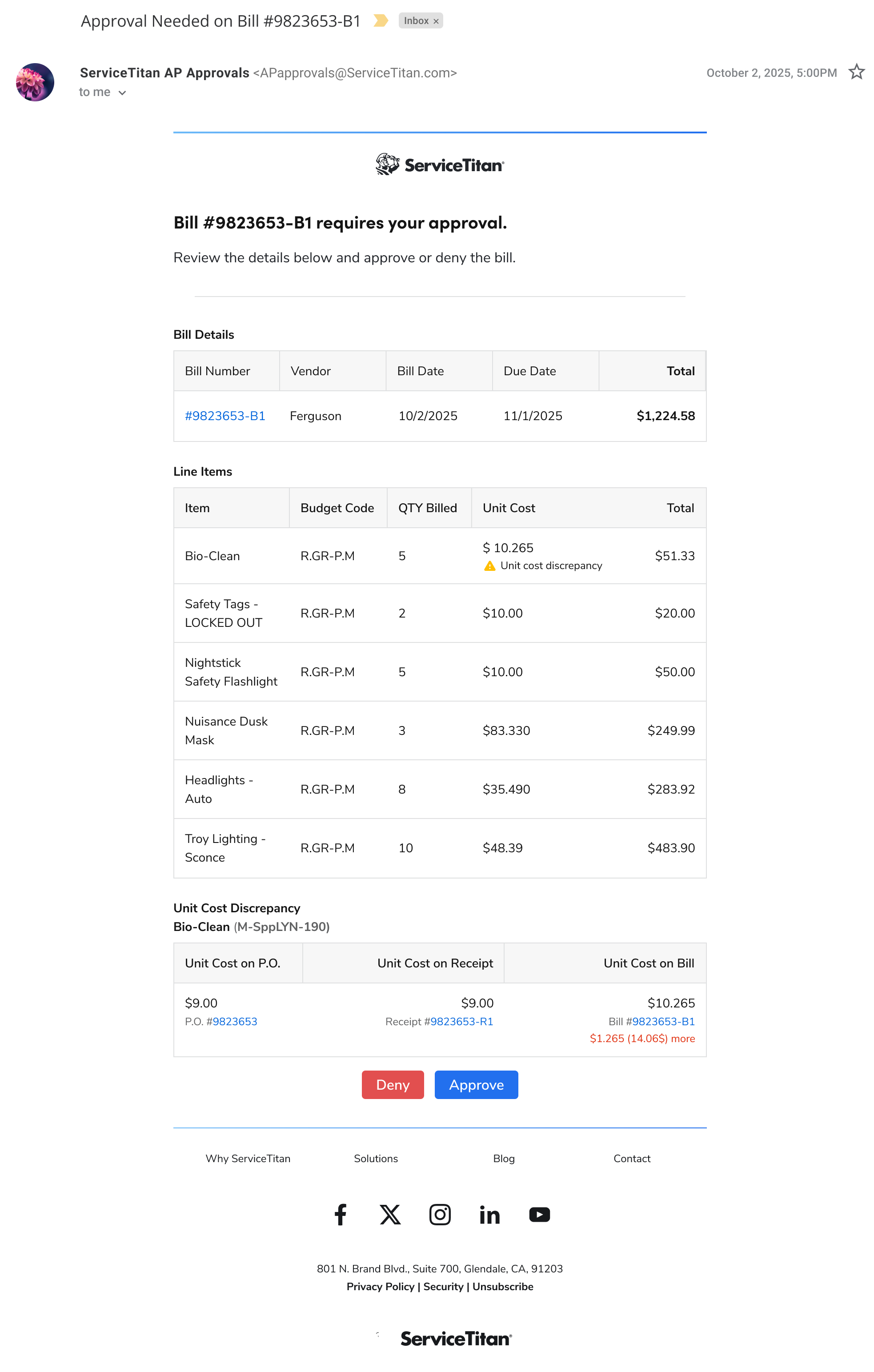 The email view of a bill that is awaiting approval.