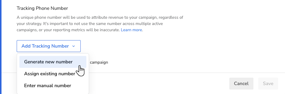 A cursor hovers over the Generate new number option in the Add Tracking ...