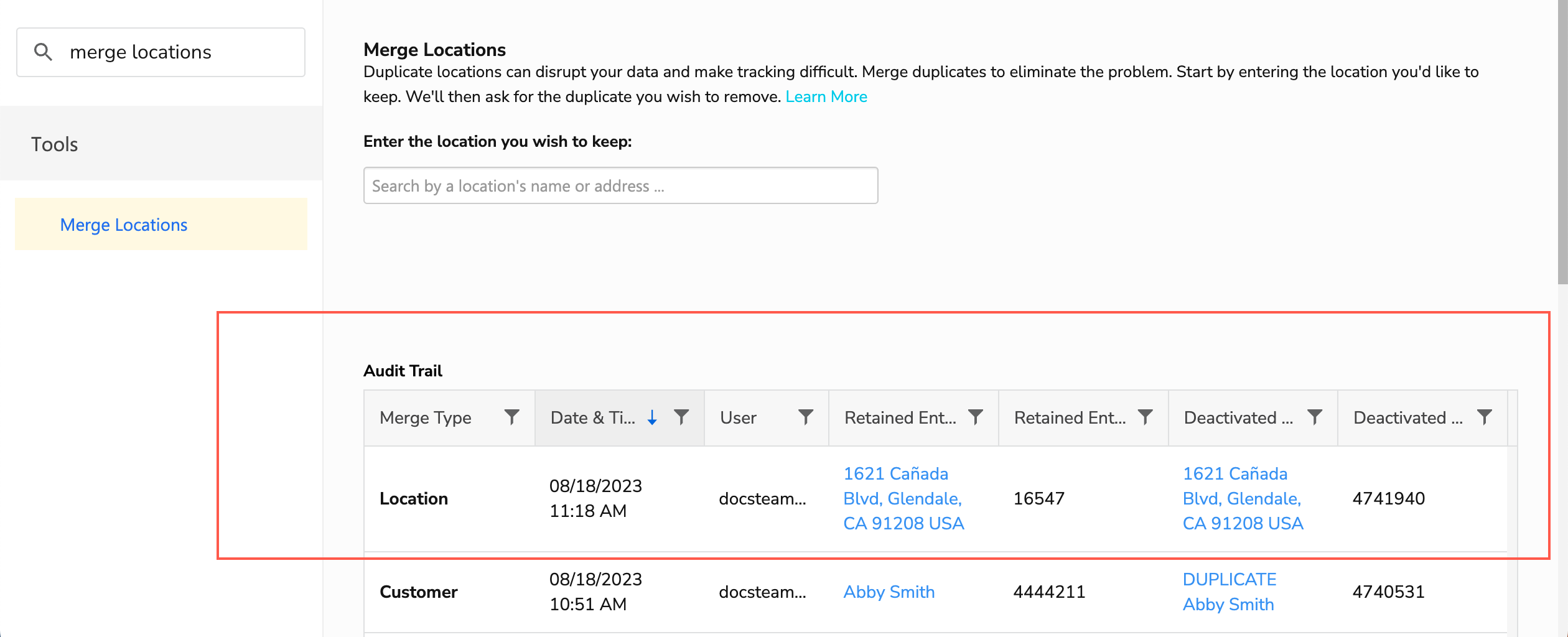 The ServiceTitan Merge Locations screen. The Audit Trail section is highlighted.