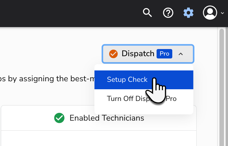 A cursor selecting Setup Check on the ServiceTitan Dispatch Pro settings screen.