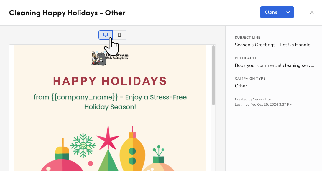 Cursor hovers over the Desktop icon on the preview for the Cleaning Happy Holidays - Other email template.