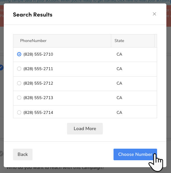 Cursor clicks Choose Number on the Search Results.