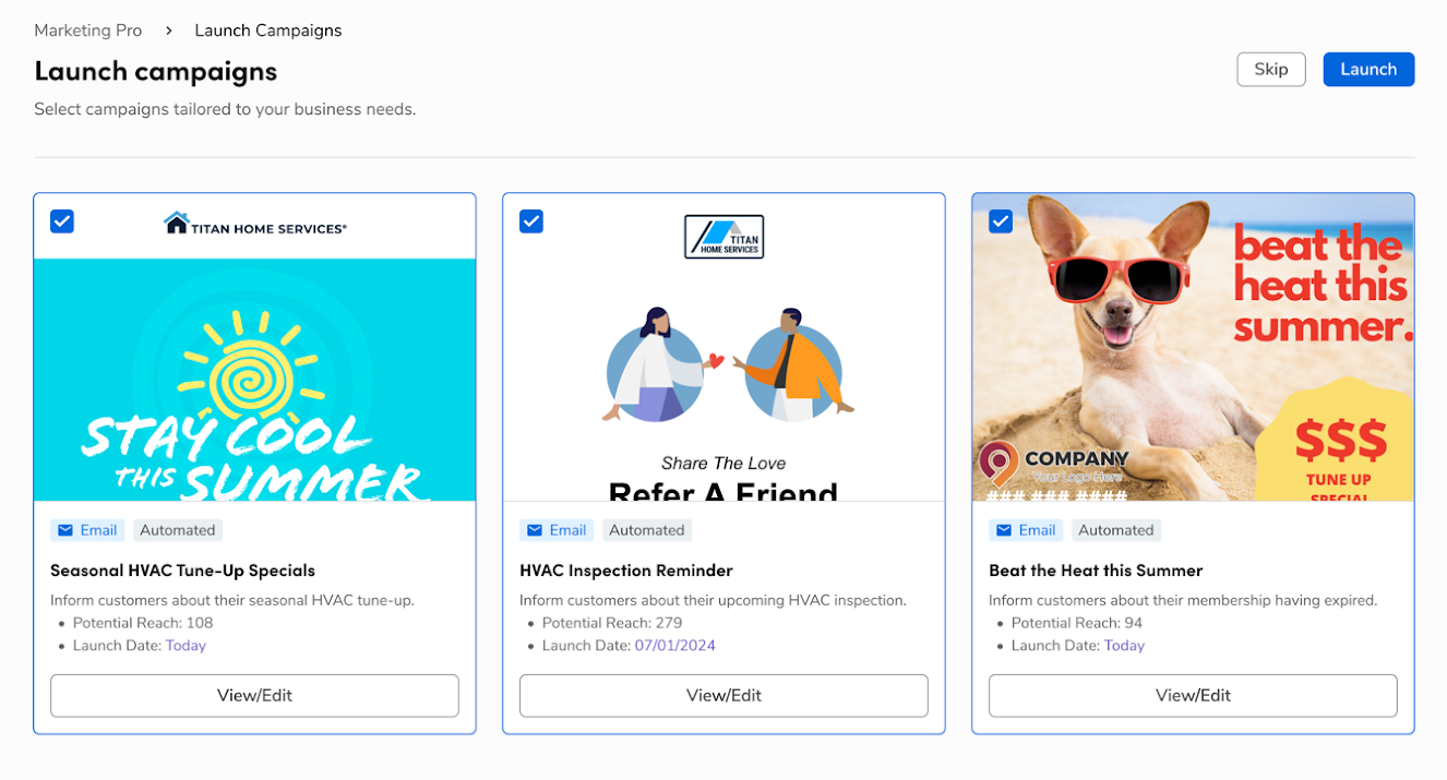 Preview of three prebuilt email marketing campaigns on the Launch ...