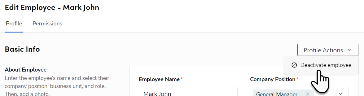 Cursor on Deactivate option while editing employee profile in Settings